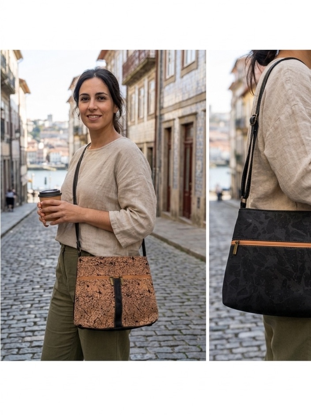 Vintage Portuguese Cork Crossbody Bag – Dual Sided Natural & Black Eco Leather